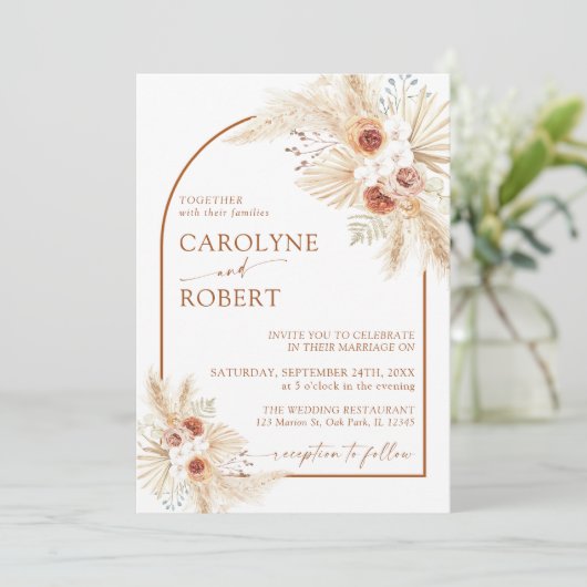 Modern Bohemian Pampas Grass Terracotta Wedding Kaart (Staand voorkant)