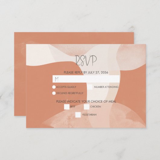 Modern Bohemian Terracotta Abstracte bruiloft RSVP Kaartje (Voorkant / Achterkant)