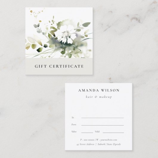 Modern Boho Abstract Groen Bloemen Cadeaubon Vierkante Visitekaartje (Voorkant / Achterkant)