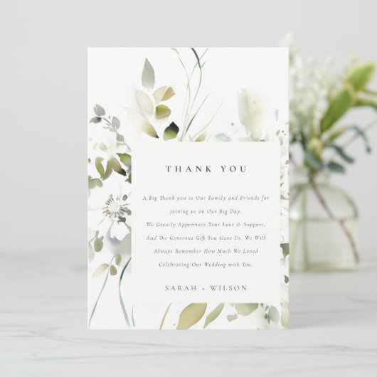 Modern Boho Abstract Groen Wit Bloemen Bruiloft Bedankkaart (Staand voorkant)