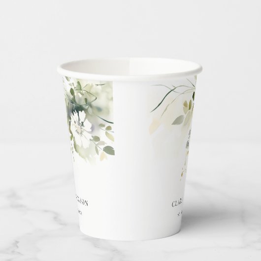 Modern Boho Abstract Groen Wit Bloemen Bruiloft Papieren Bekers (Links)