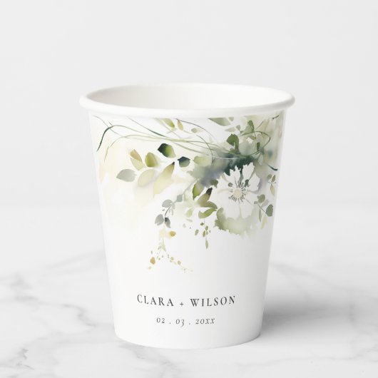 Modern Boho Abstract Groen Wit Bloemen Bruiloft Papieren Bekers (Voorkant)