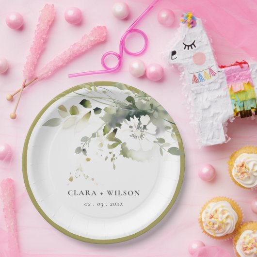 Modern Boho Abstract Groen Wit Bloemen Bruiloft Papieren Bordje (Feest)