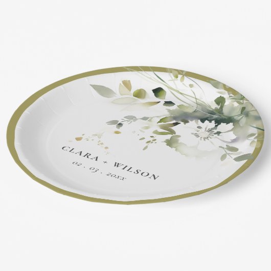 Modern Boho Abstract Groen Wit Bloemen Bruiloft Papieren Bordje (Gekanteld)