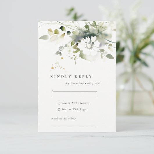 Modern Boho Abstract Groen Wit Bloemen Bruiloft RSVP Kaartje (Staand voorkant)