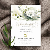Modern Boho Abstract Groen Wit Bloemen Bruiloft Save The Date