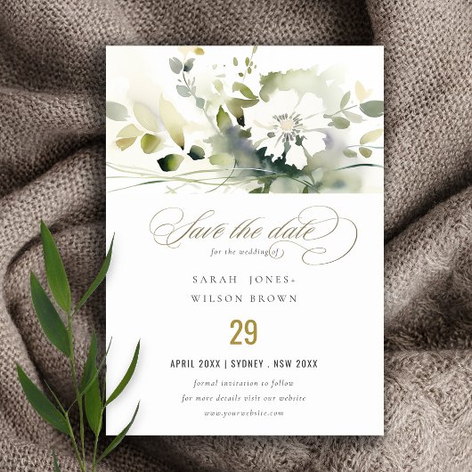 Modern Boho Abstract Groen Wit Bloemen Bruiloft Save The Date