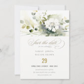 Modern Boho Abstract Groen Wit Bloemen Bruiloft Save The Date (Voorkant)