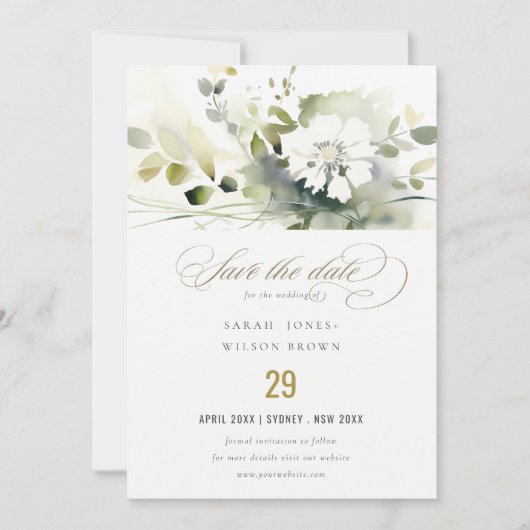 Modern Boho Abstract Groen Wit Bloemen Bruiloft Save The Date (Voorkant)
