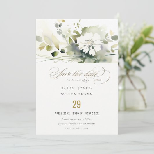 Modern Boho Abstract Groen Wit Bloemen Bruiloft Save The Date (Staand voorkant)