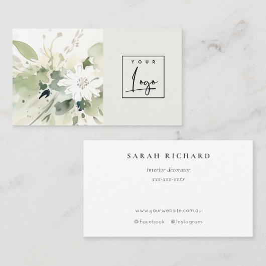 Modern Boho Abstract Groen Wit Bloemen Logo Visitekaartje (Voorkant / Achterkant)