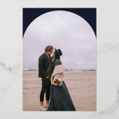 Modern boho arch 2 foto's bruiloft blauw folie uitnodiging (Achterkant)