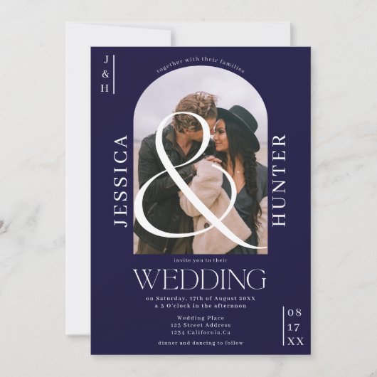 Modern boho arch 2 foto's bruiloft blauw kaart (Voorkant)