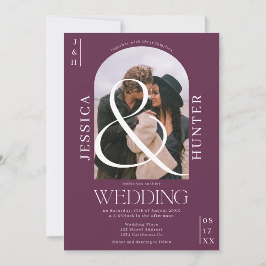 Modern boho arch 2 foto's bruiloft paars kaart (Voorkant)