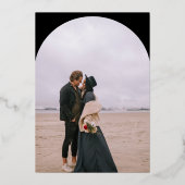 Modern boho arch 2 foto's bruiloft zwart folie uitnodiging (Achterkant)