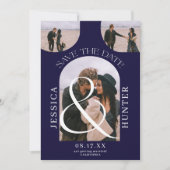 Modern boho arch 4 foto's bruiloft blauw save the date (Voorkant)