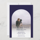 Modern boho arch 4 foto's bruiloft blauw save the date (Achterkant)