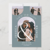 Modern boho arch 4 foto's bruiloft dusty blauw save the date (Voorkant)