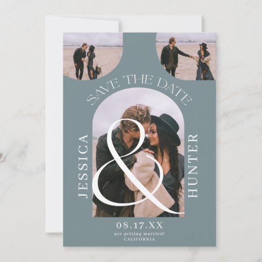 Modern boho arch 4 foto's bruiloft dusty blauw save the date (Voorkant)