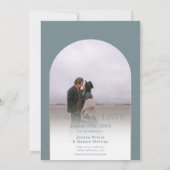 Modern boho arch 4 foto's bruiloft dusty blauw save the date (Achterkant)