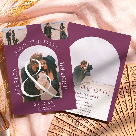 Modern boho arch 4 foto's bruiloft paars save the date