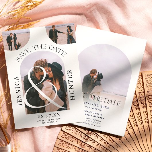 Modern boho arch 4 foto's bruiloft zwart wit save the date