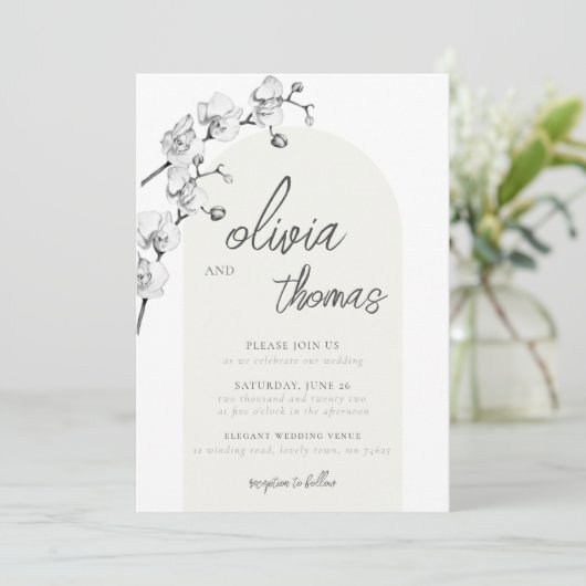 Modern Boho Arch Calligraphy Orchids Ivory Wedding Kaart (Staand voorkant)
