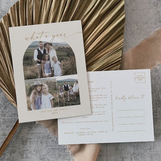 Modern Boho Arch Cream Photo Collage - een jaar Feestdagenkaart