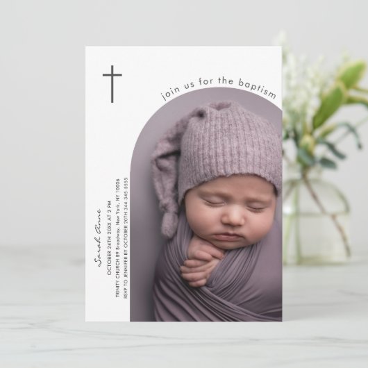 Modern Boho Arch Cross Baby Foto doop Kaart (Staand voorkant)