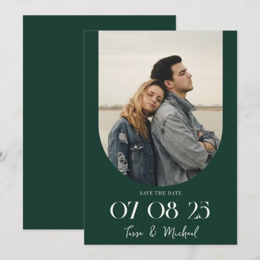 Modern Boho Arch Foto Emerald Green Wedding Save The Date (Voorkant / Achterkant)