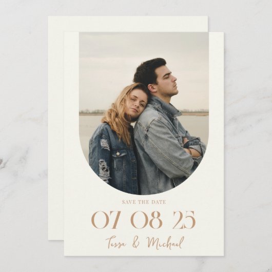 Modern Boho Arch Foto Ivory Tan Wedding Save The Date (Voorkant / Achterkant)