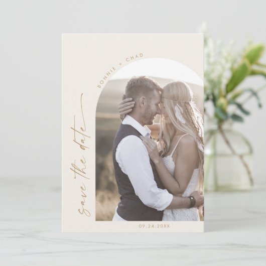 Modern Boho Arch | Foto van de Cream QR-code Save The Date (Staand voorkant)