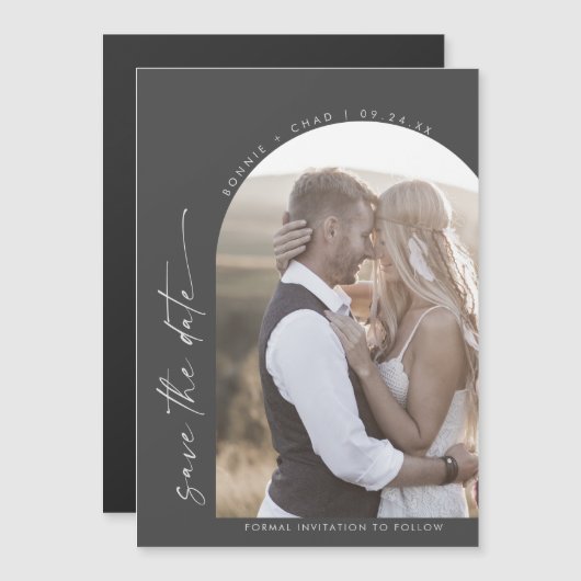 Modern Boho Arch Gray Wedding Photo Save the Date Magnetische Uitnodiging (Voorkant / Achterkant)