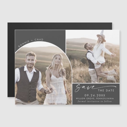 Modern Boho Arch | Grijs 2 Foto Opslaan datum Magnetische Uitnodiging (Voorkant / Achterkant)