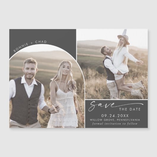 Modern Boho Arch | Grijs 2 Foto Opslaan datum Magnetische Uitnodiging (Voorkant)