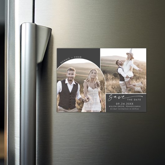 Modern Boho Arch | Grijs 2 Foto Opslaan datum Magnetische Uitnodiging