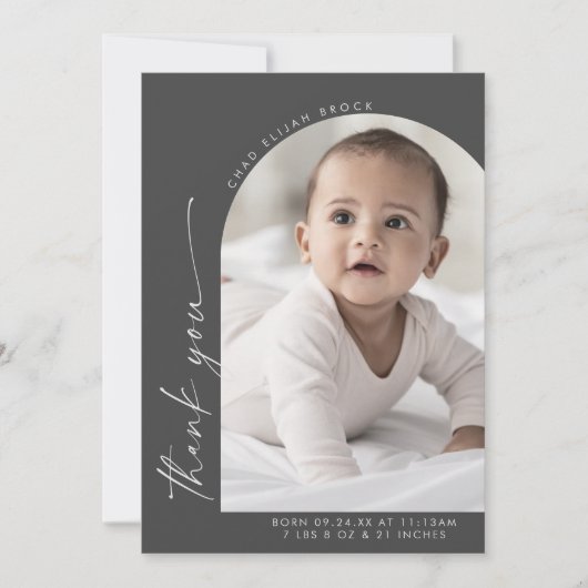 Modern Boho Arch | Grijs Dank je foto geboorte Aankondiging (Voorkant)