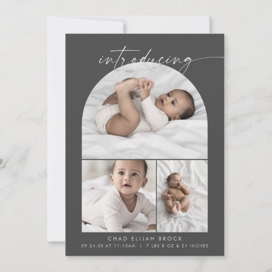 Modern Boho Arch | Grijze fotocollage geboorte Aankondiging (Voorkant)