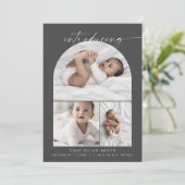 Modern Boho Arch | Grijze fotocollage geboorte Aankondiging (Staand voorkant)