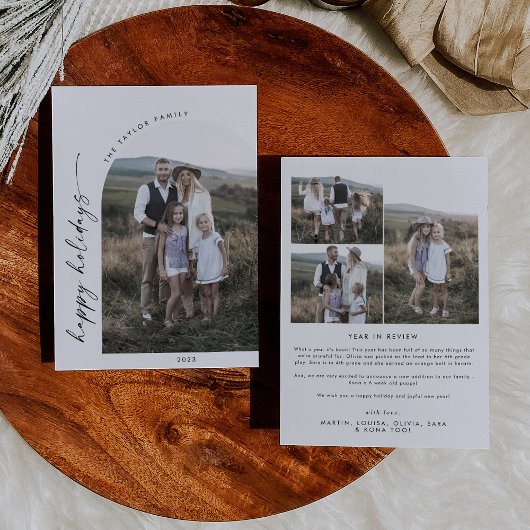 Modern Boho Arch Holiday Foto Jaar in Review Feestdagenkaart