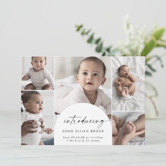 Modern Boho Arch Multi Photo Birth Aankondiging (Staand voorkant)