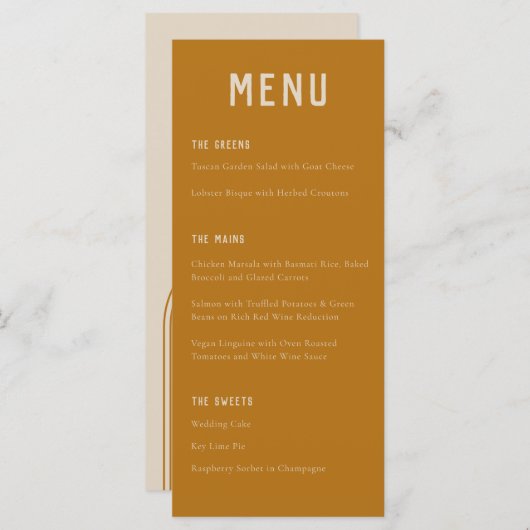 Modern Boho Arch Ochre Oranje Typografie Weddensch Menu (Voorkant / Achterkant)