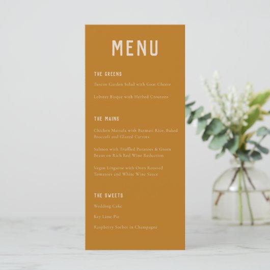 Modern Boho Arch Ochre Oranje Typografie Weddensch Menu (Staand voorkant)