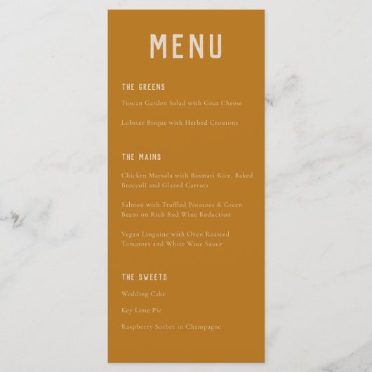 Modern Boho Arch Ochre Oranje Typografie Weddensch Menu (Voorkant)
