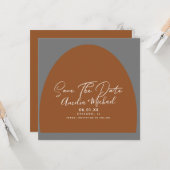 Modern Boho Arch Organic Shapes Grey Save the Date Kaart (Voorkant / Achterkant in situ)