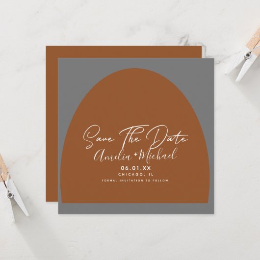 Modern Boho Arch Organic Shapes Grey Save the Date Kaart (Voorkant / Achterkant in situ)