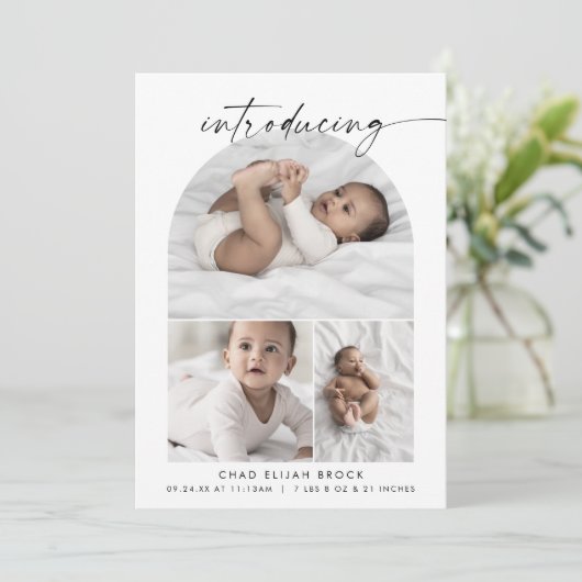 Modern Boho Arch Photo Collage Birth Aankondiging (Staand voorkant)