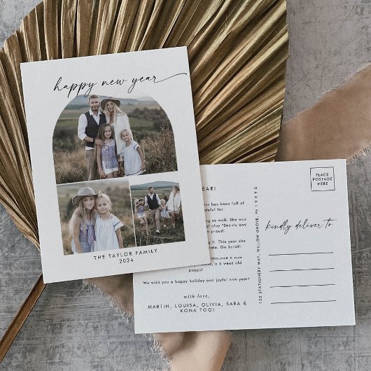 Modern Boho Arch Photo Collage Family New Jaren Feestdagenkaart