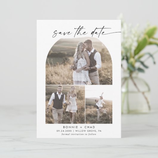 Modern Boho Arch Photo Collage Save The Date (Staand voorkant)