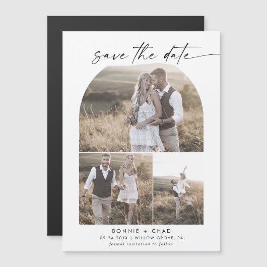 Modern Boho Arch Photo Collage Save the Date Magnetische Uitnodiging (Voorkant / Achterkant)